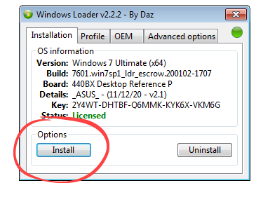 Начало активации в Windows 7 Loader By Daz