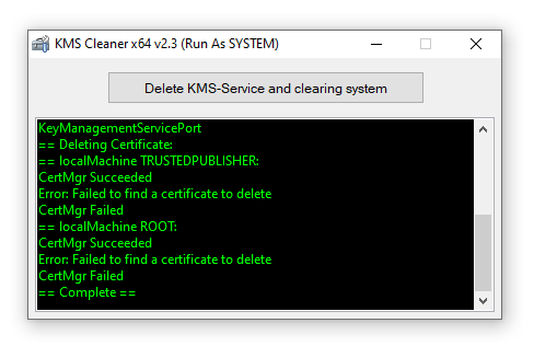 Успешная очистка KMS-сервисов в KMS Cleaner