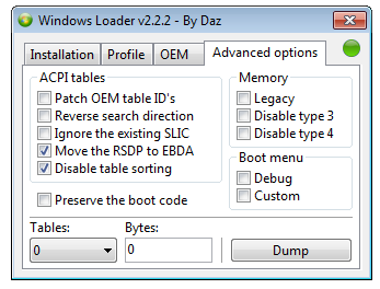 Вкладка Advanced option в Windows 7 Loader By Daz