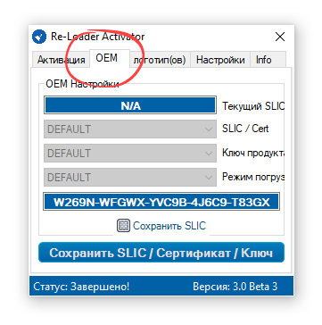 Вкладка OEM в Re-Loader Activator